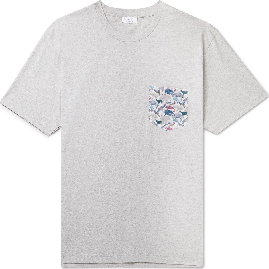 Sunspel Printed Voile-Trimmed Mélange Cotton-Jersey T-Shirt