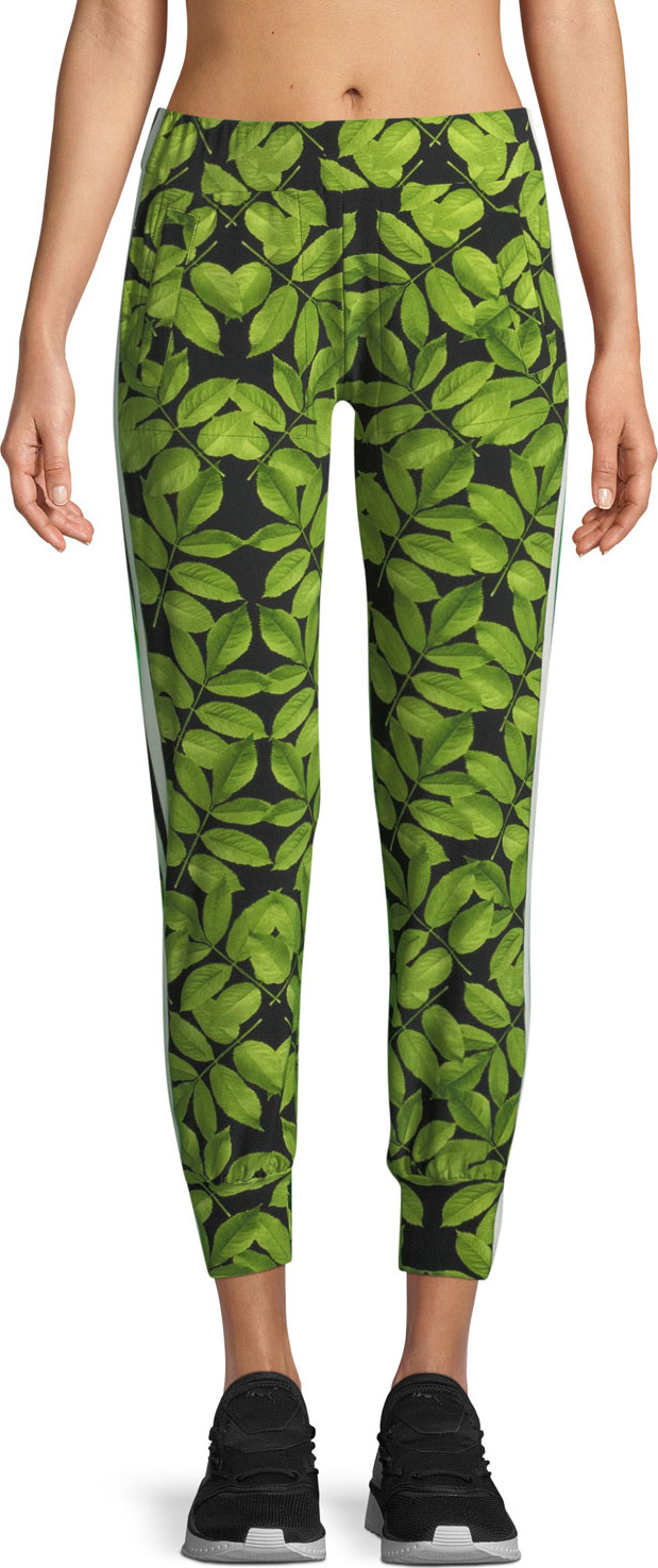 Norma Kamali Leaf-Print Side-Stripe Jogger Pants