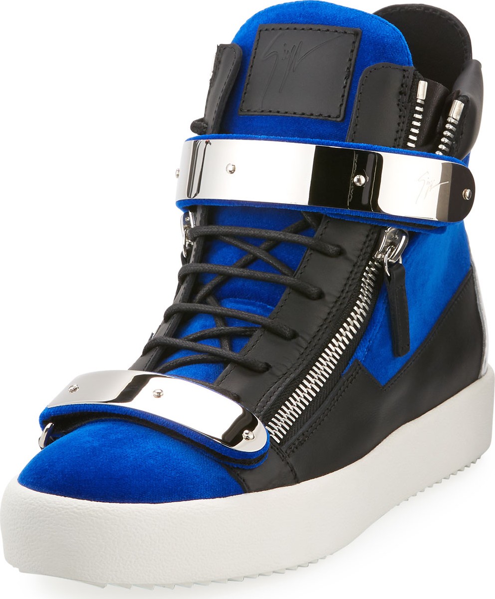 Giuseppe Zanotti Men's Velvet Double-Bar High-Top Sneakers, Blue Giuseppe Zanotti Men's Velvet Double-Bar High-Top Sneakers, Blue