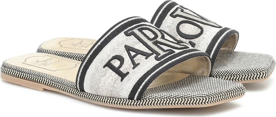 Roger Vivier Paris Love embroidered canvas slides