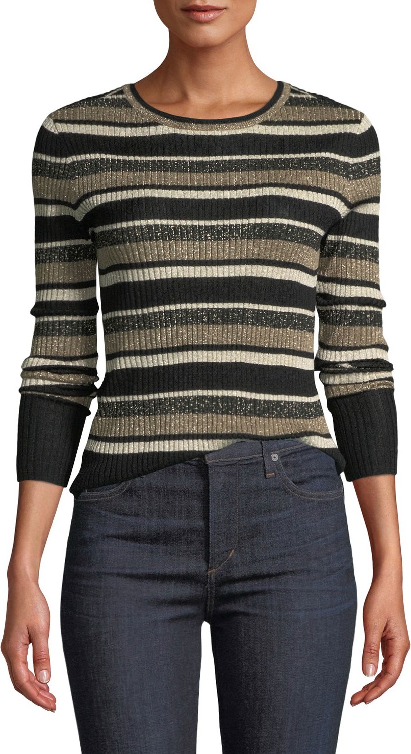 FRAME DENIM Panel-Stripe Metallic Ribbed Pullover Sweater
