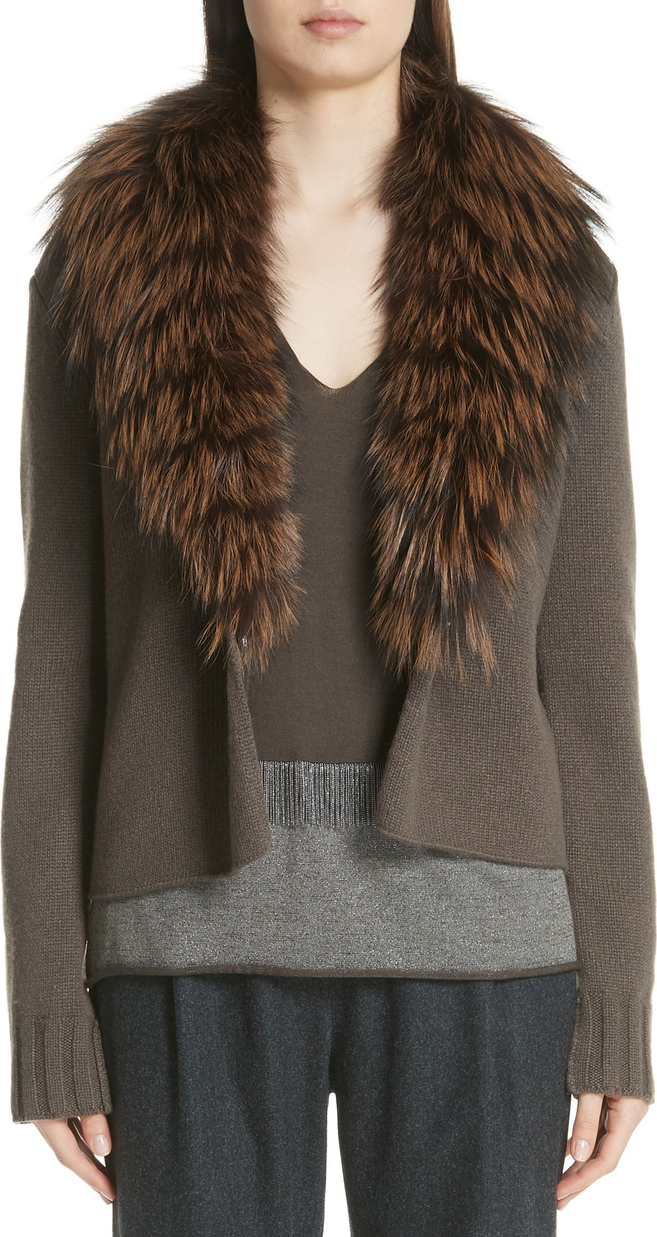 Fabiana Filippi Cashmere Cardigan with Removable Genuine Fox Fur Collar