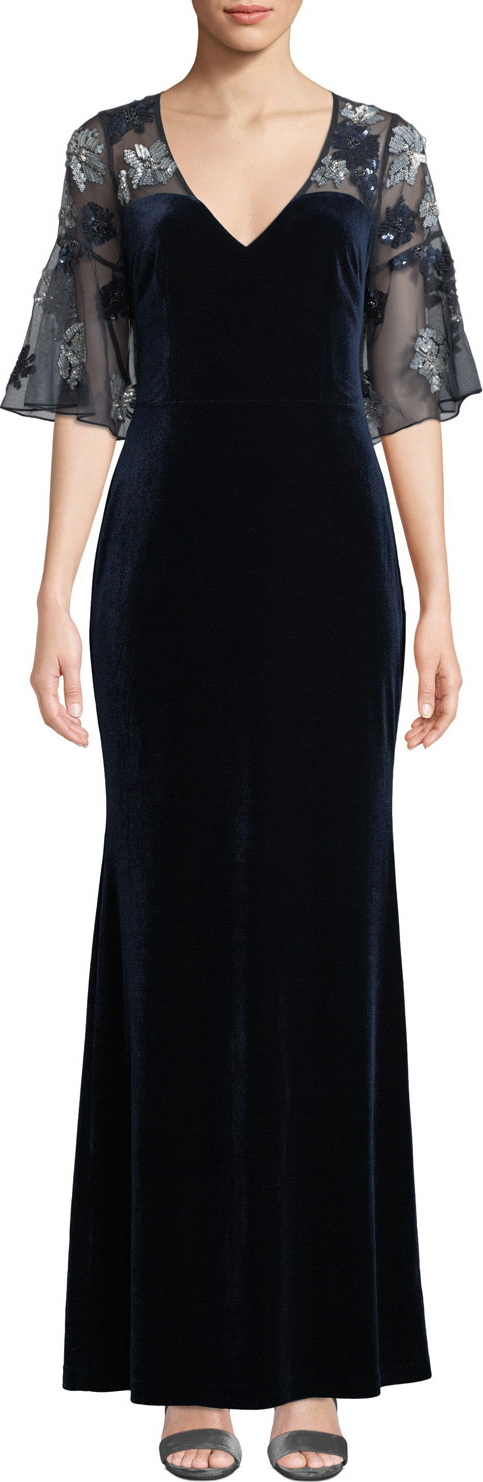 Aidan Mattox Sheer & Beaded Short-Sleeve Velvet Gown