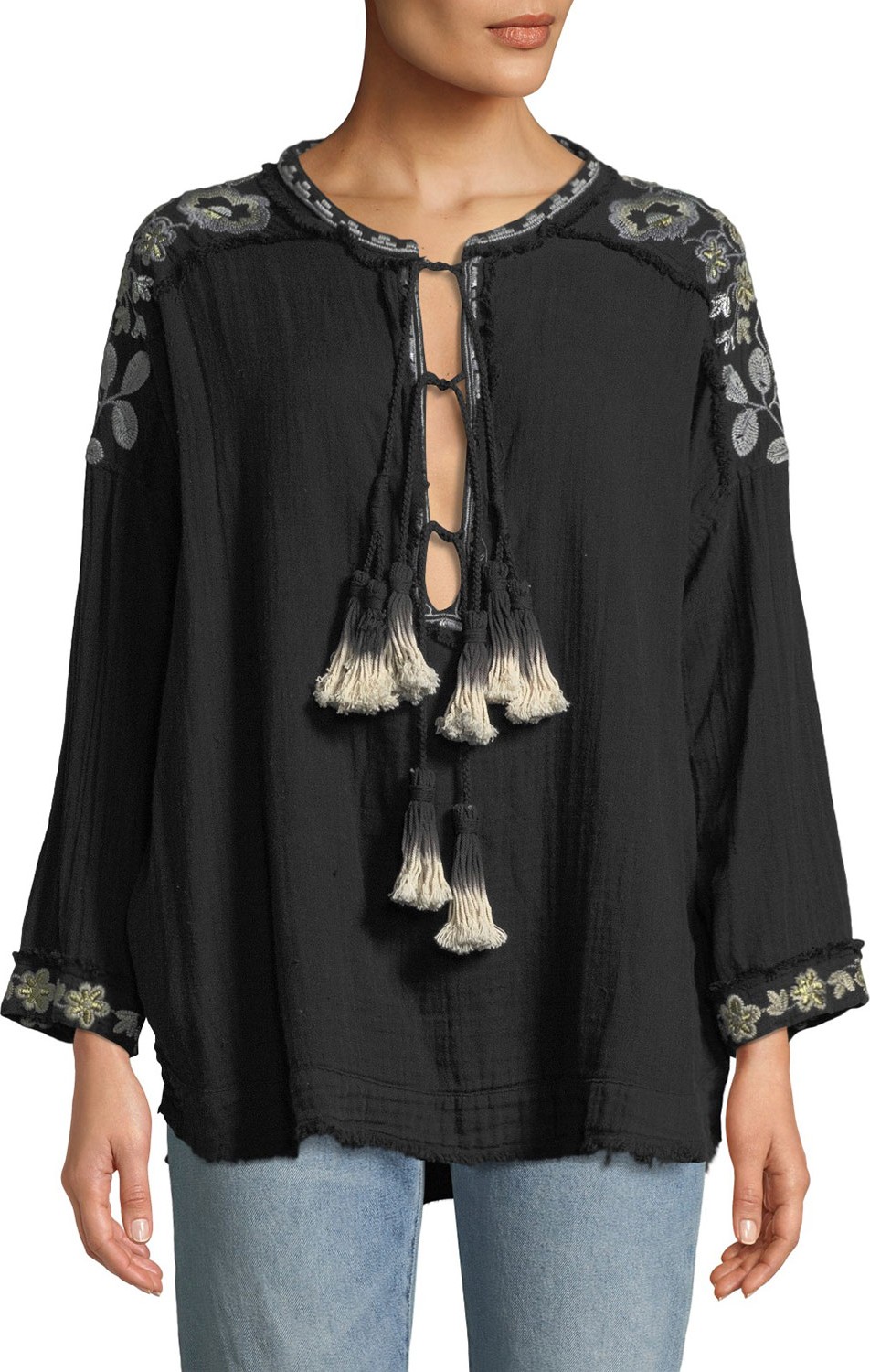 Johnny Was Sai Gauze Tassel-Tie Blouse