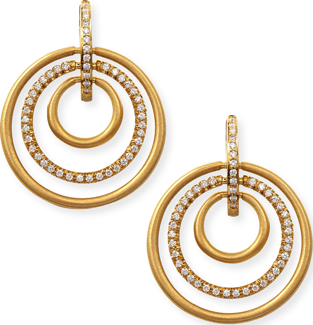 Carelle 18k Moderne 3-Ring Pave Diamond Earrings, 1 1/8"
