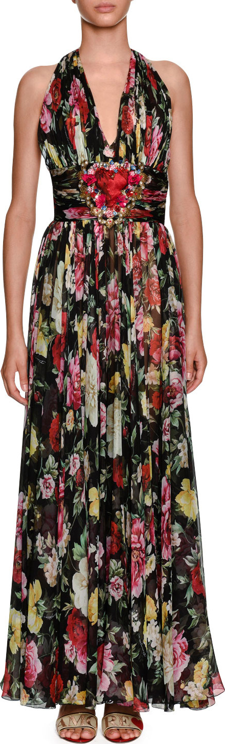 Dolce & Gabbana Halter-Neck Floral-Print Chiffon Evening Gown w/ Heart Patch Dolce & Gabbana Halter-Neck Floral-Print Chiffon Evening Gown w/ Heart Patch