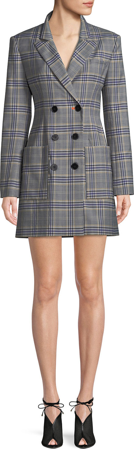 Tibi Lucas Double-Breasted Plaid Suiting Blazer Dress