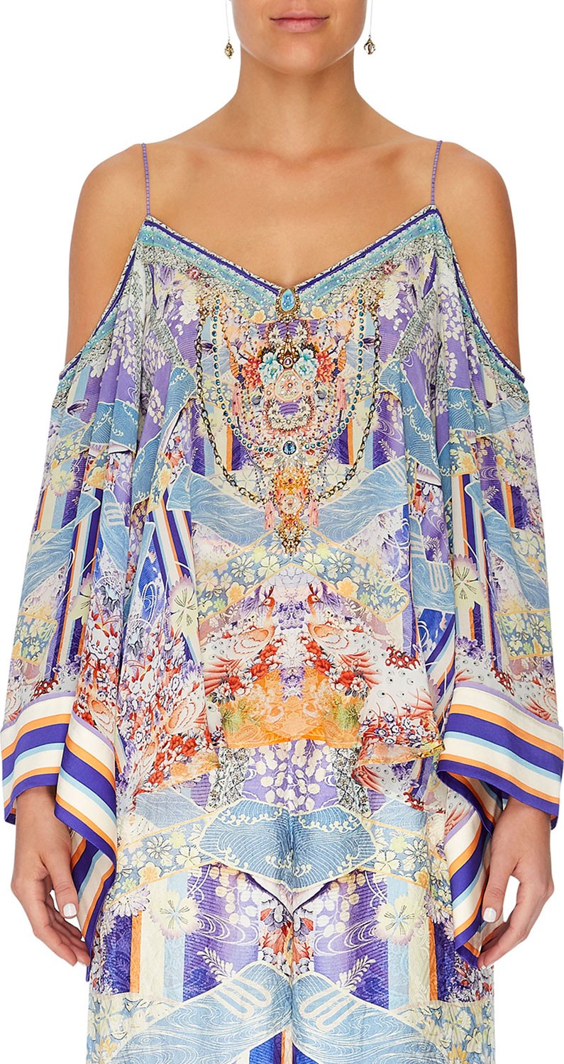 Camilla Flare-Sleeve Printed Cold-Shoulder Silk Top