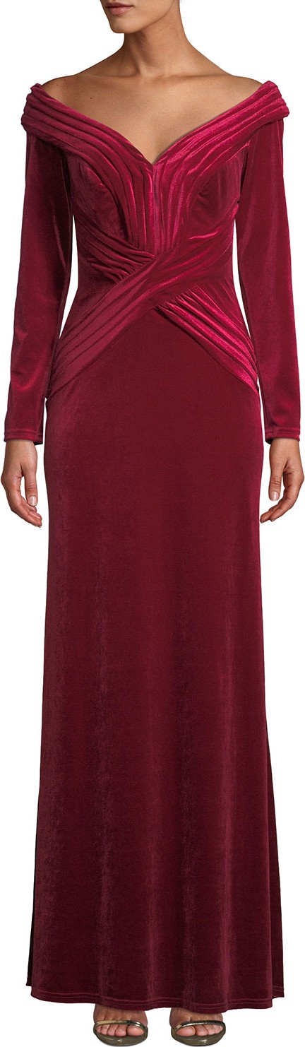 Tadashi Shoji Long-Sleeve Off-the-Shoulder Velvet Gown