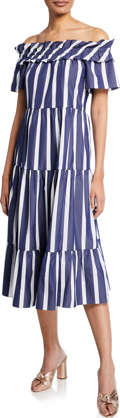 Trina Turk Cattleya 2 Santorini-Stripe Off-the-Shoulder Shirting Dress