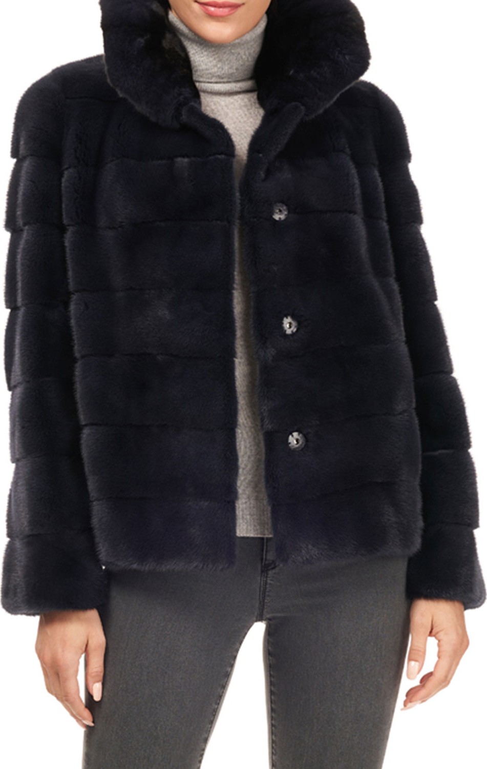 Gorski Horizontal Stripe Mink-Fur Jacket w/ Chinchilla-Fur Collar Gorski Horizontal Stripe Mink-Fur Jacket w/ Chinchilla-Fur Collar