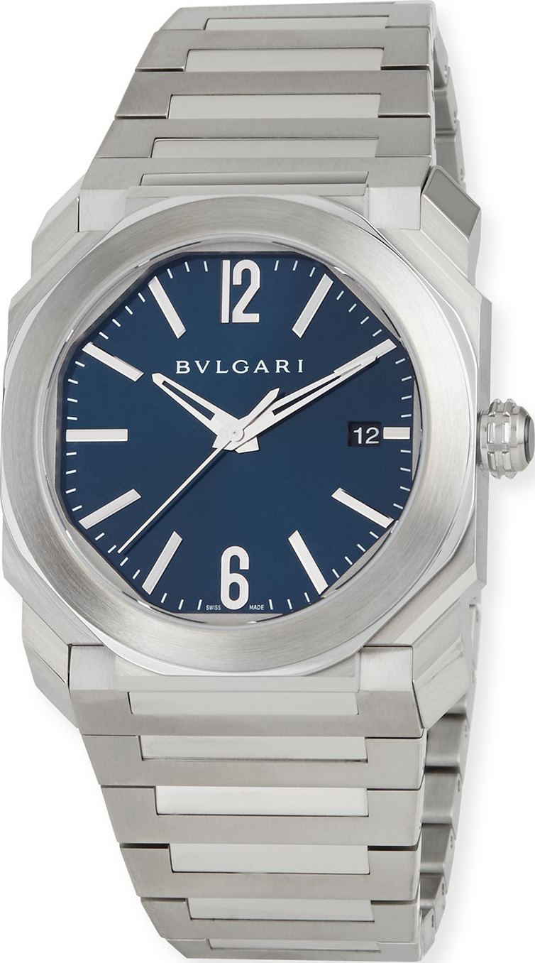 BVLGARI 41mm Stainless Steel Octo Solotempo Watch w/ Blue Dial