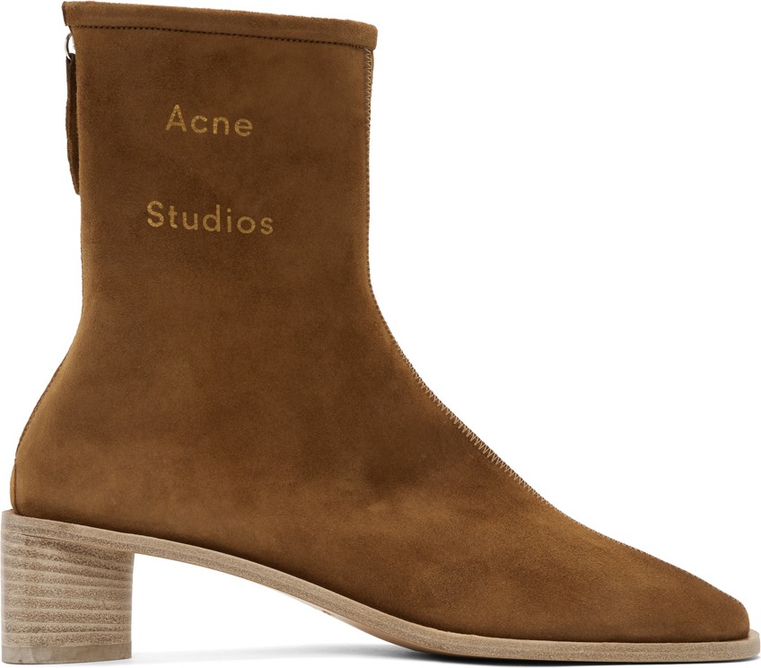 Acne Studios Brown Suede Branded Heeled Boots