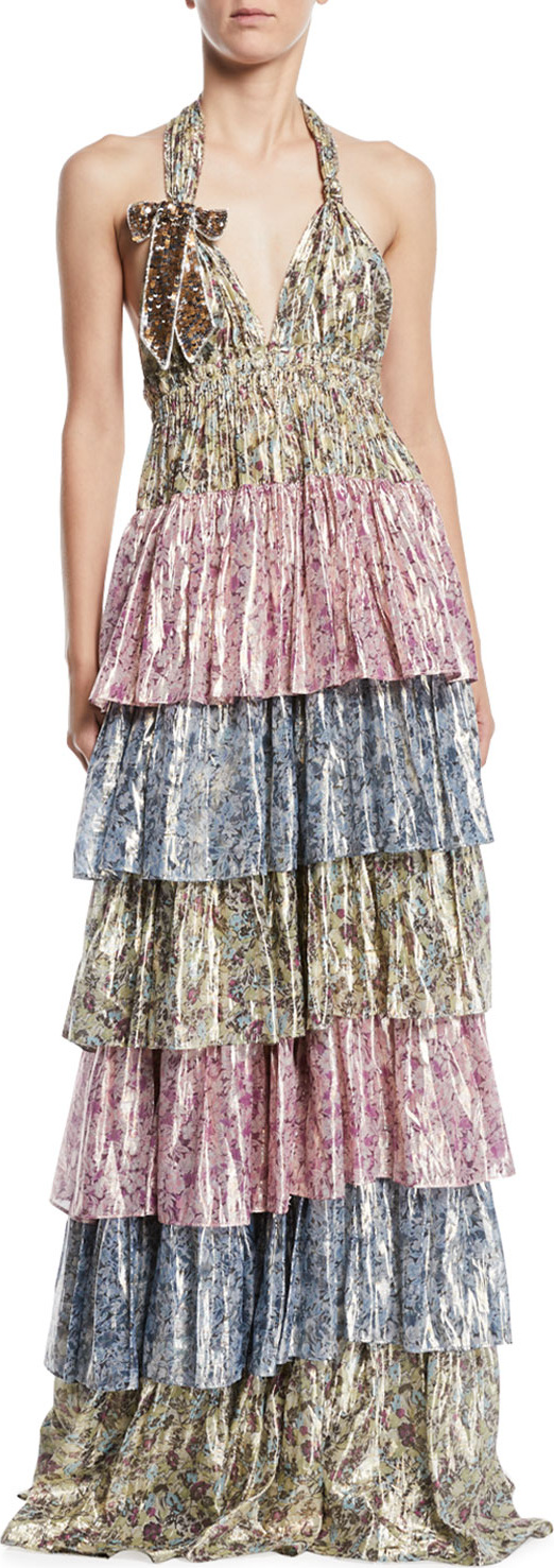 LOVESHACKFANCY Clarissa Tiered Metallic Halter Gown