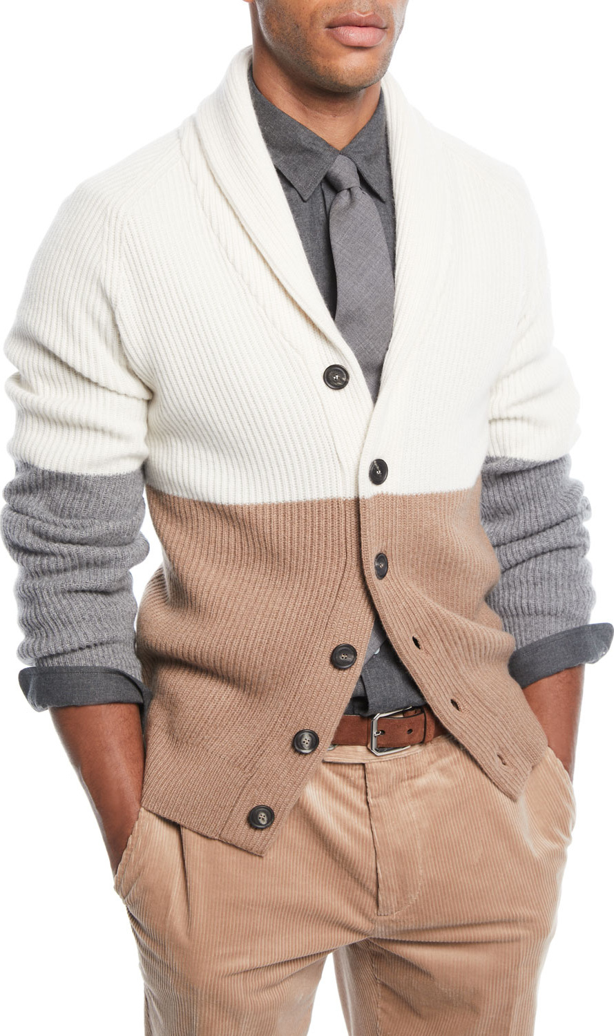 Brunello Cucinelli Men's Colorblock Shawl-Collar Cardigan