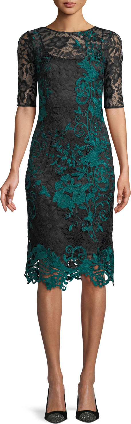 Rickie Freeman for Teri Jon Half-Sleeve Two-Tone Lace Overlay Cocktail Dress