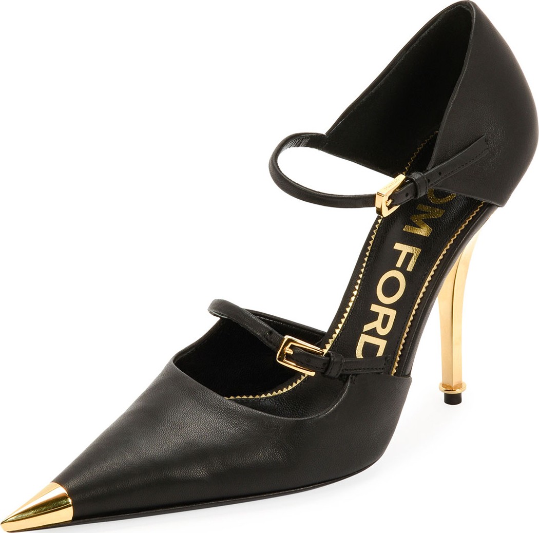 TOM FORD Two-Strap Mary Jane Pumps with Pointed Metal Toe