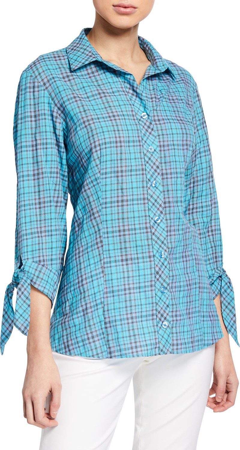 Finley Jackie Bermuda-Plaid Tie-Sleeve Shirt