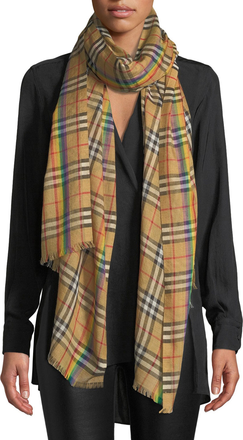 Burberry London England Rainbow Stripe Vintage Check Gauze Scarf