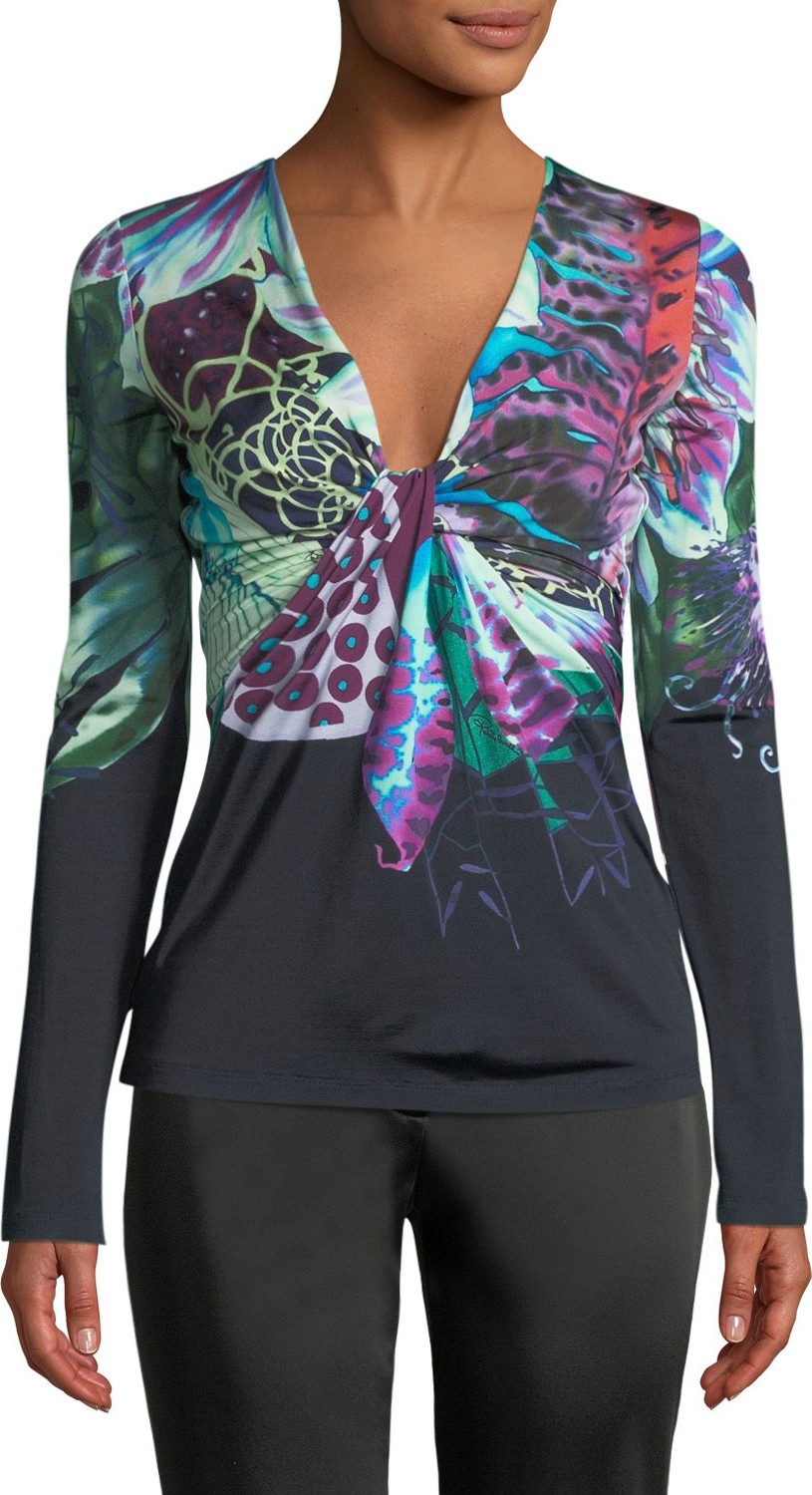 Roberto Cavalli Long-Sleeve V-Neck Exotic Flower-Print Jersey Top