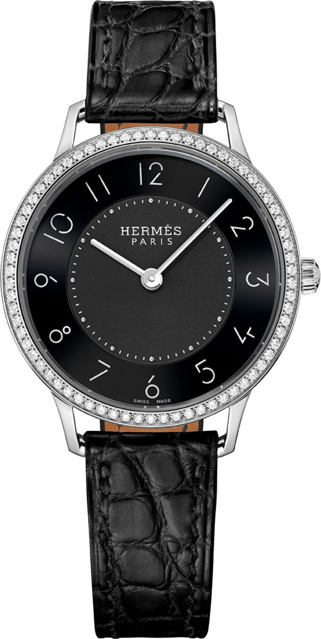 HERMÈS Slim d'Hermès Watch with Diamonds & Black Alligator Strap, 0.47tcw