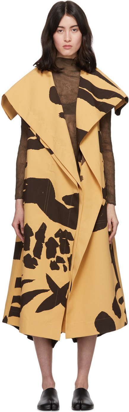 Issey Miyake Tan & Black Hold Print Sleeveless Coat