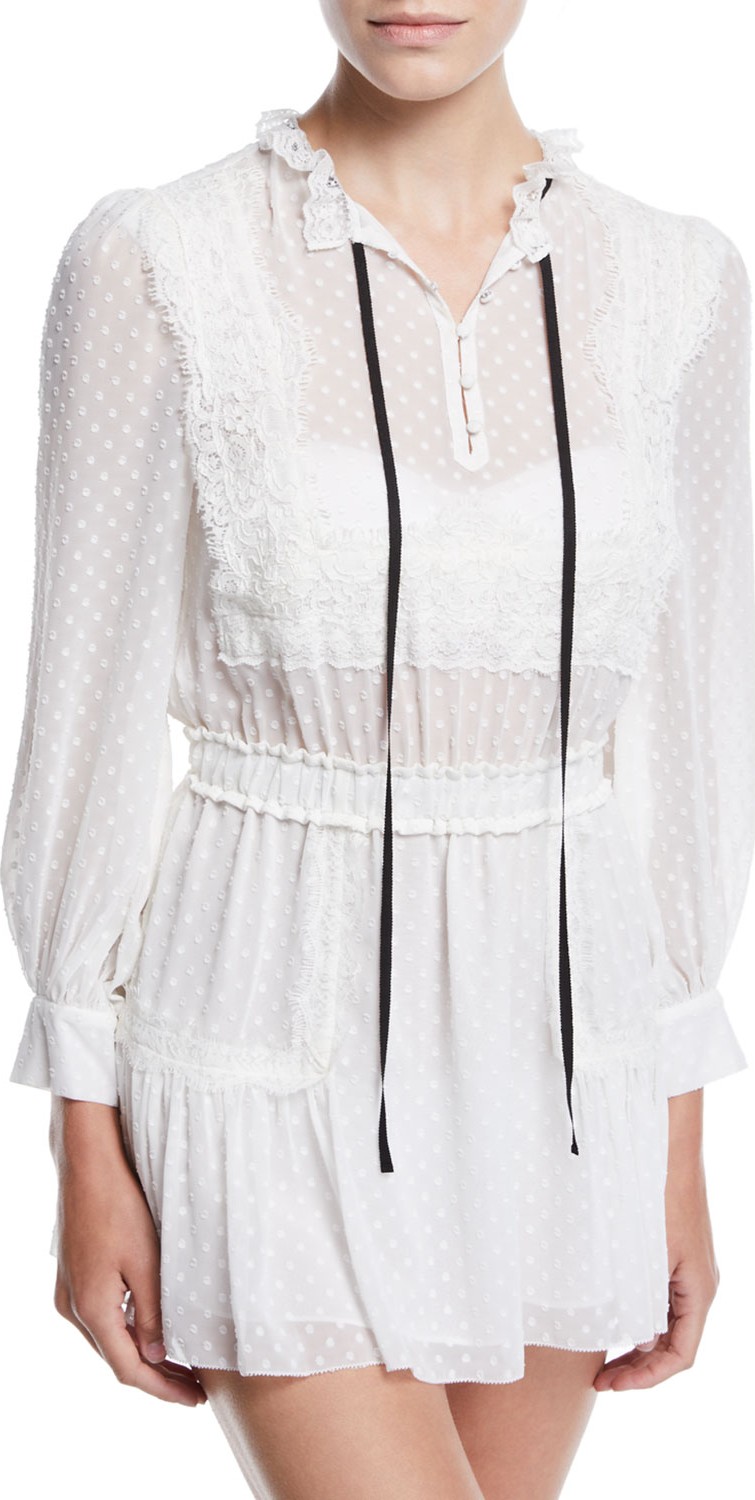 LOVESHACKFANCY Amber Lace Tie-Neck Long-Sleeve Coverup Dress