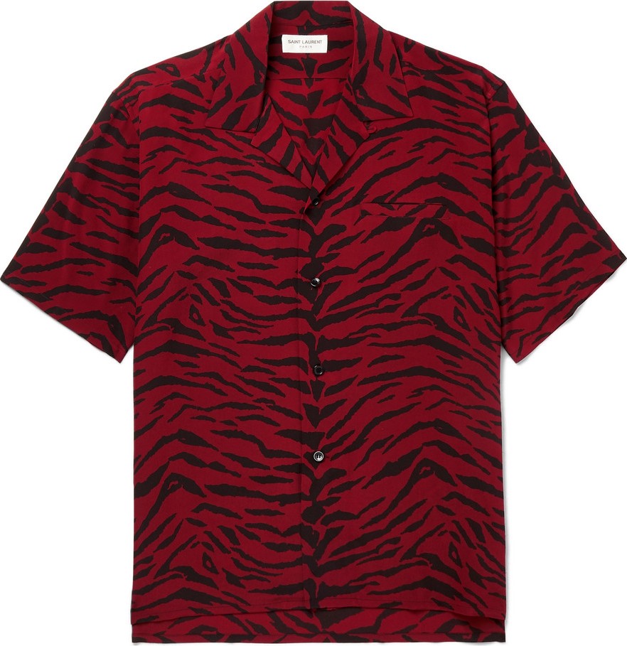 Saint Laurent Camp-Collar Zebra-Print Silk Crepe de Chine Shirt