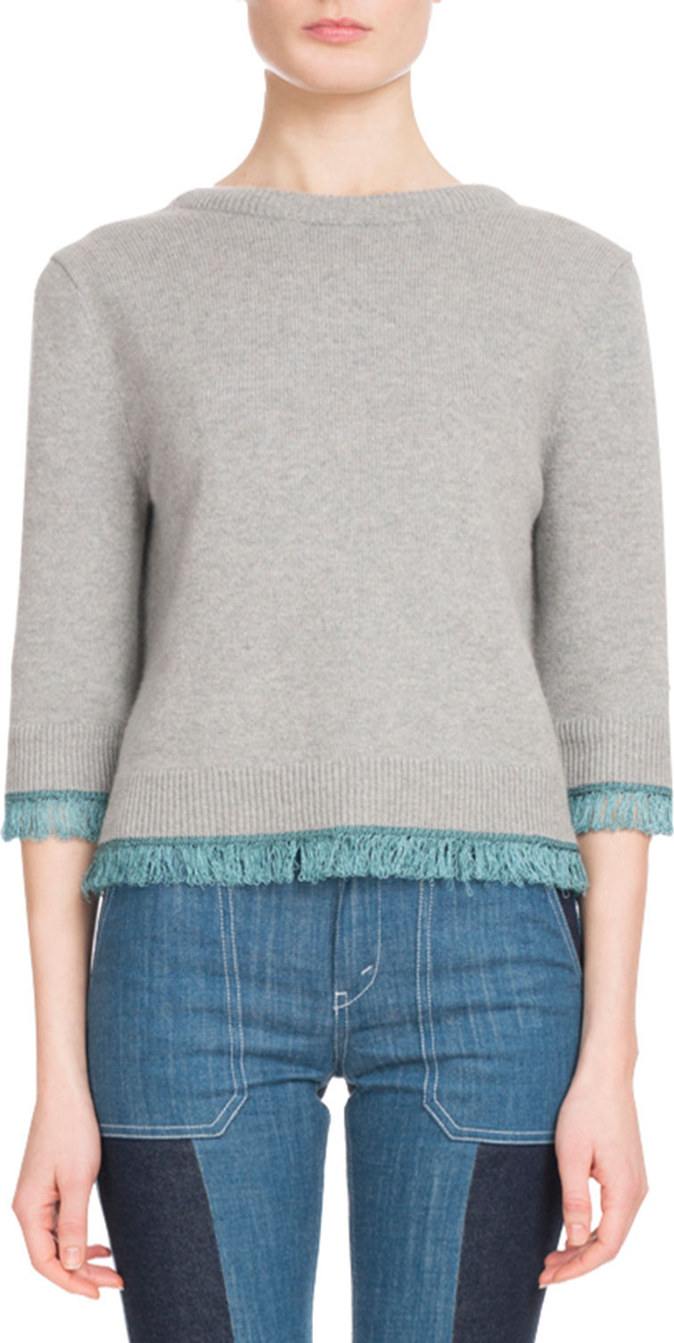 Chloe 3/4-Sleeve Scoop-Back Cashmere Sweater w/ Fringe Hem