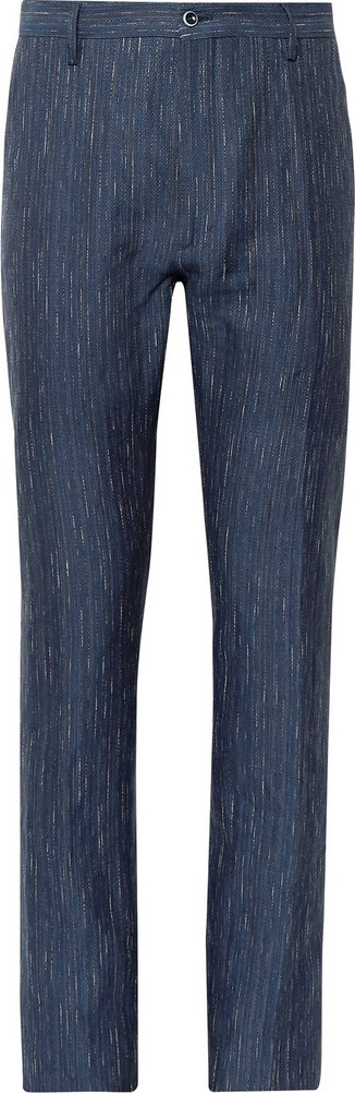 Zanella Navy Noah Slim-Fit Slub-Striped Linen and Cotton-Blend Trousers