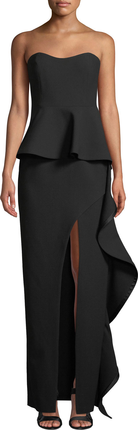 Cinq A Sept Claire Strapless High-Slit Peplum Gown w/ Ruffle Trim