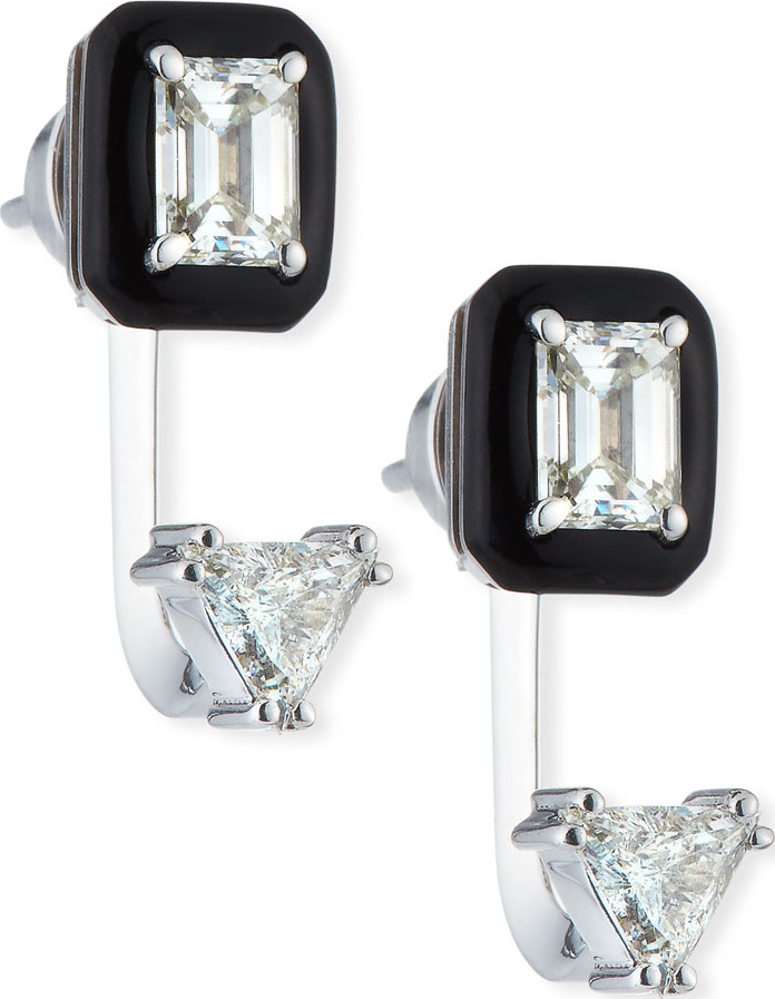Nikos Koulis Oui 18k White Gold Double Diamond & Black Enamel Drop Earrings