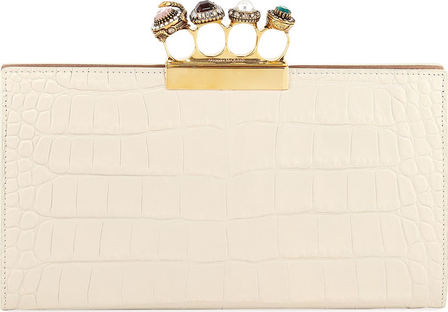 Alexander McQueen Jeweled Knuckle Four-Ring Croc Clutch Bag - Golden Hardware