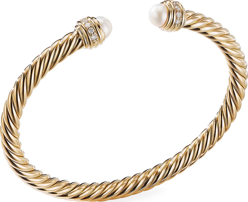David Yurman 18k Gold Cable Bracelet w/ Diamonds & Pearls, Size L