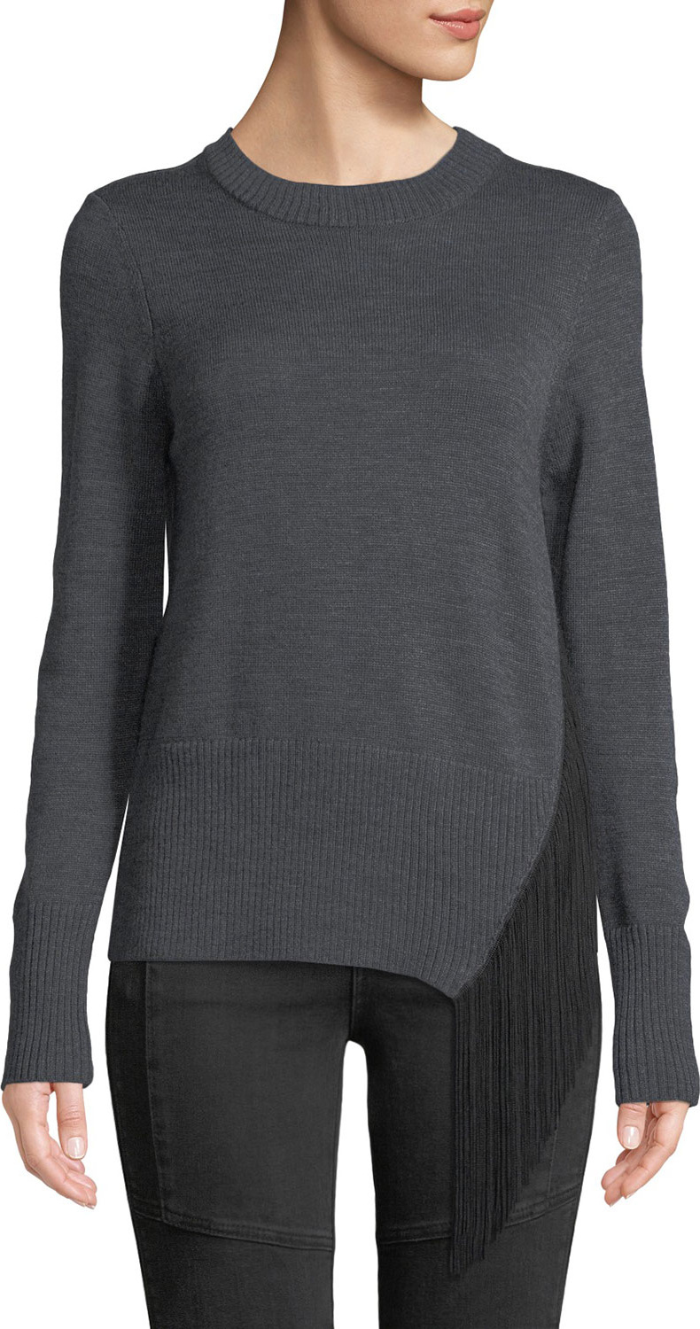 MILLY Crewneck Long-Sleeve Pullover Wool Sweater w/ Angled Fringe