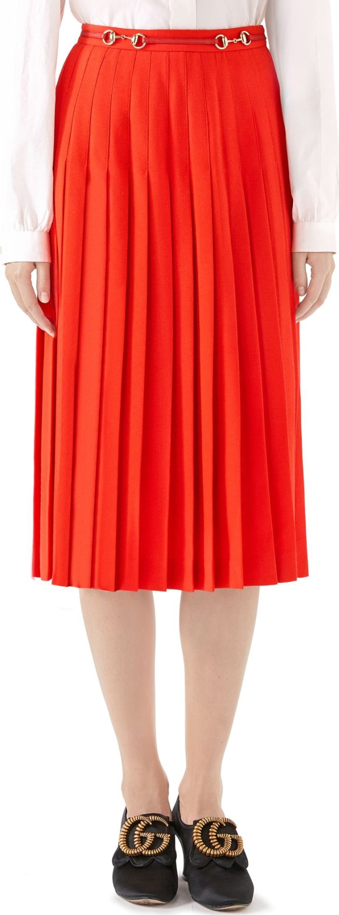 Gucci Leather Trim Pleated Wool Blend Skirt