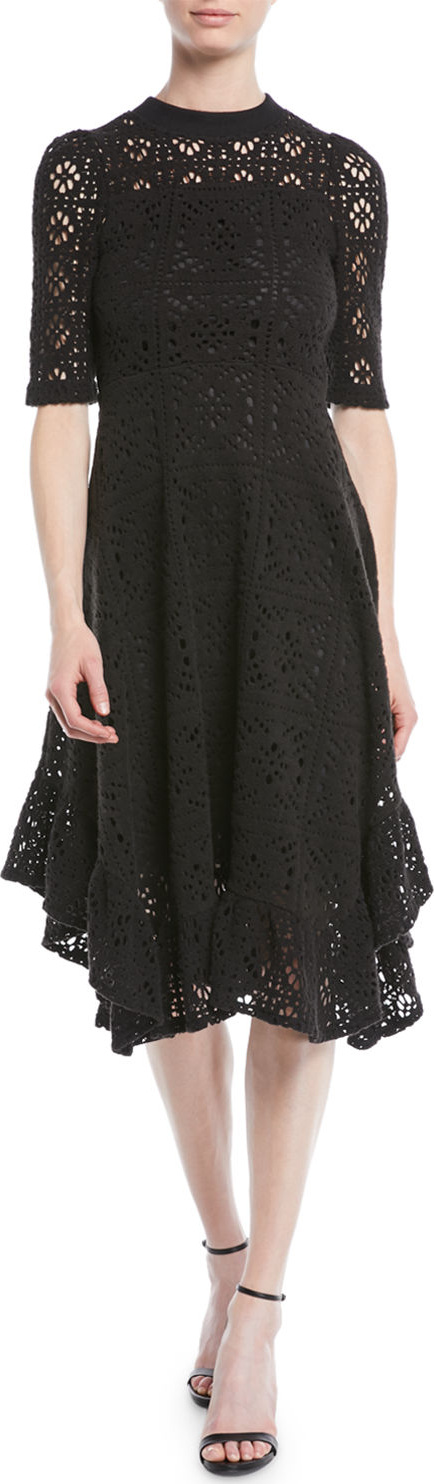 See By Chloé Short-Sleeve Cutout Lace A-Line Dress w/ Ruffled Hem