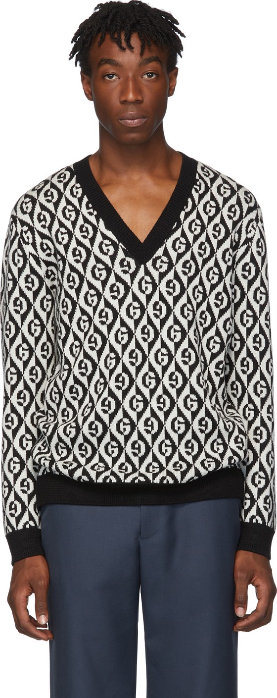 Gucci Black & White G Rhombus V-Neck Sweater