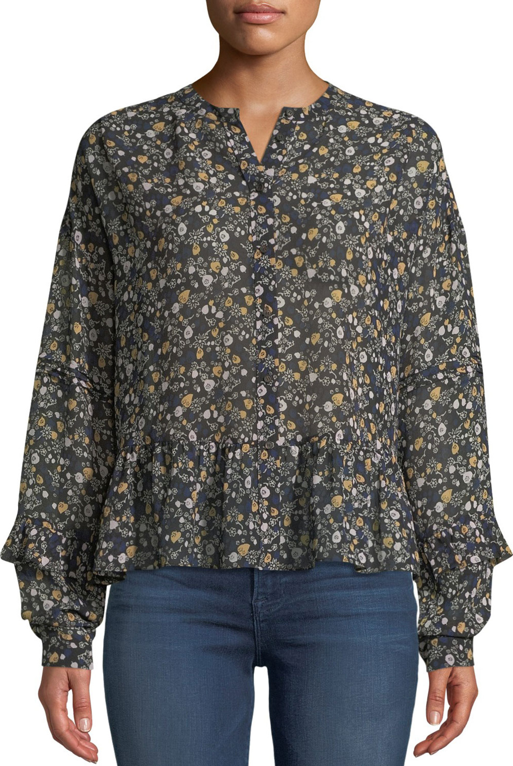 M.i.h Jeans Ingrid Floral Button-Front Silk Peplum Top