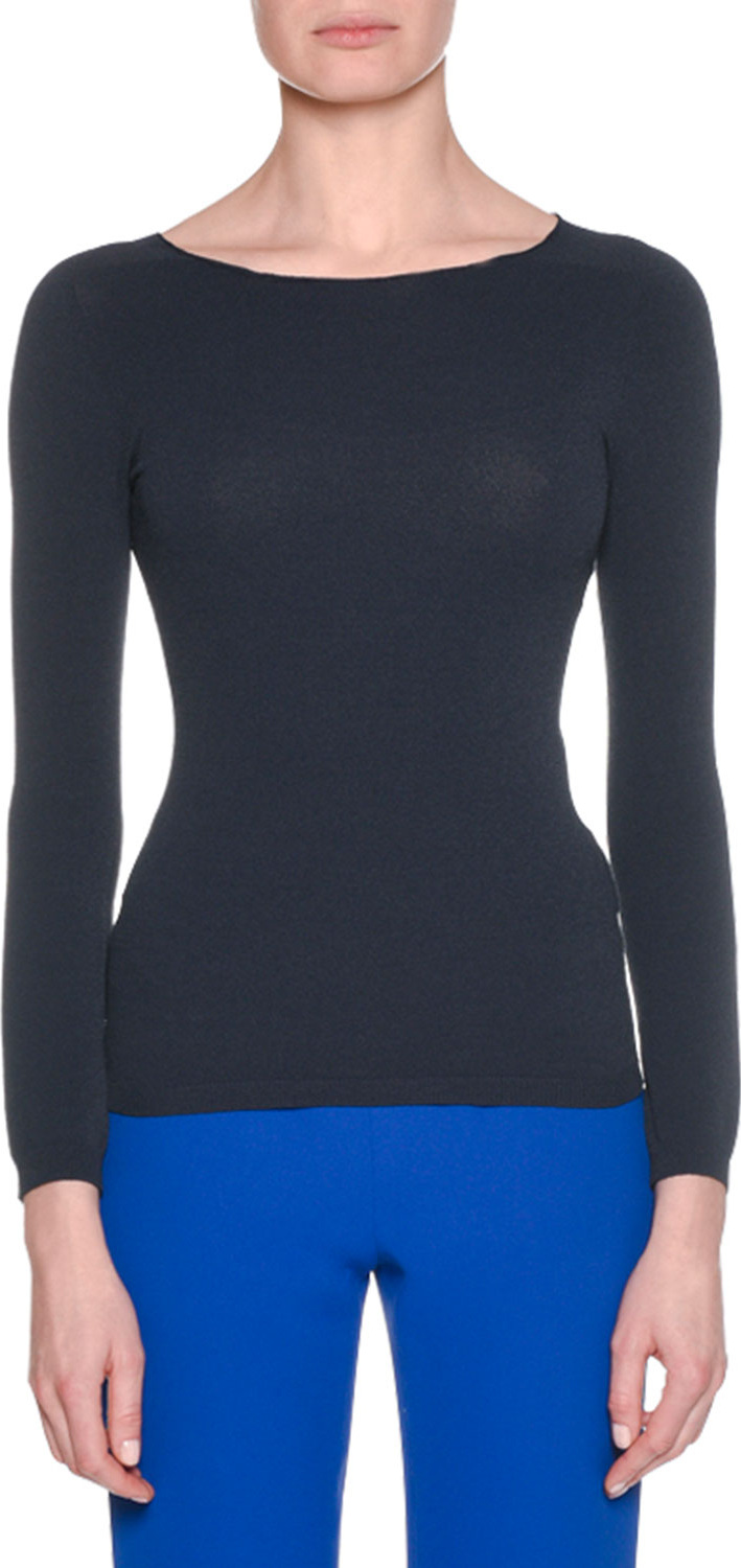 Giorgio Armani Long-Sleeve Round-Neck Fitted Pullover Knit Top, Navy