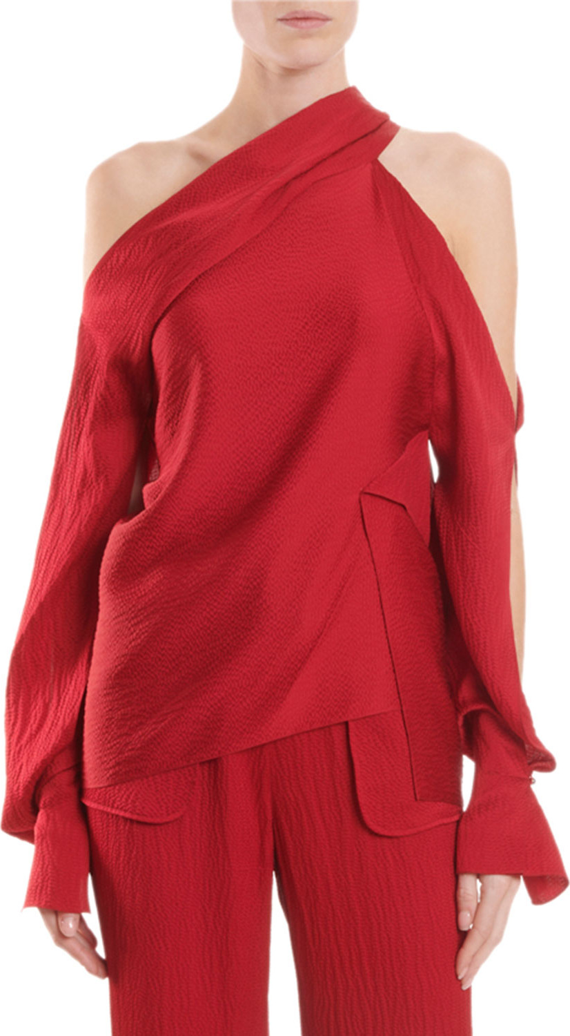 Roland Mouret Cold-Shoulder Button-Cuff Hammered Satin Blouse