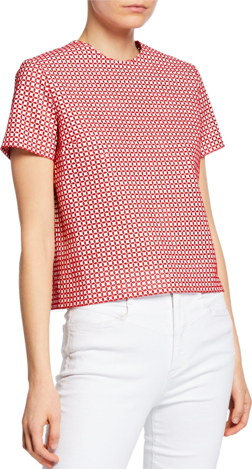 Anaïs Jourden Faux-Leather Embroidered Short-Sleeve Top