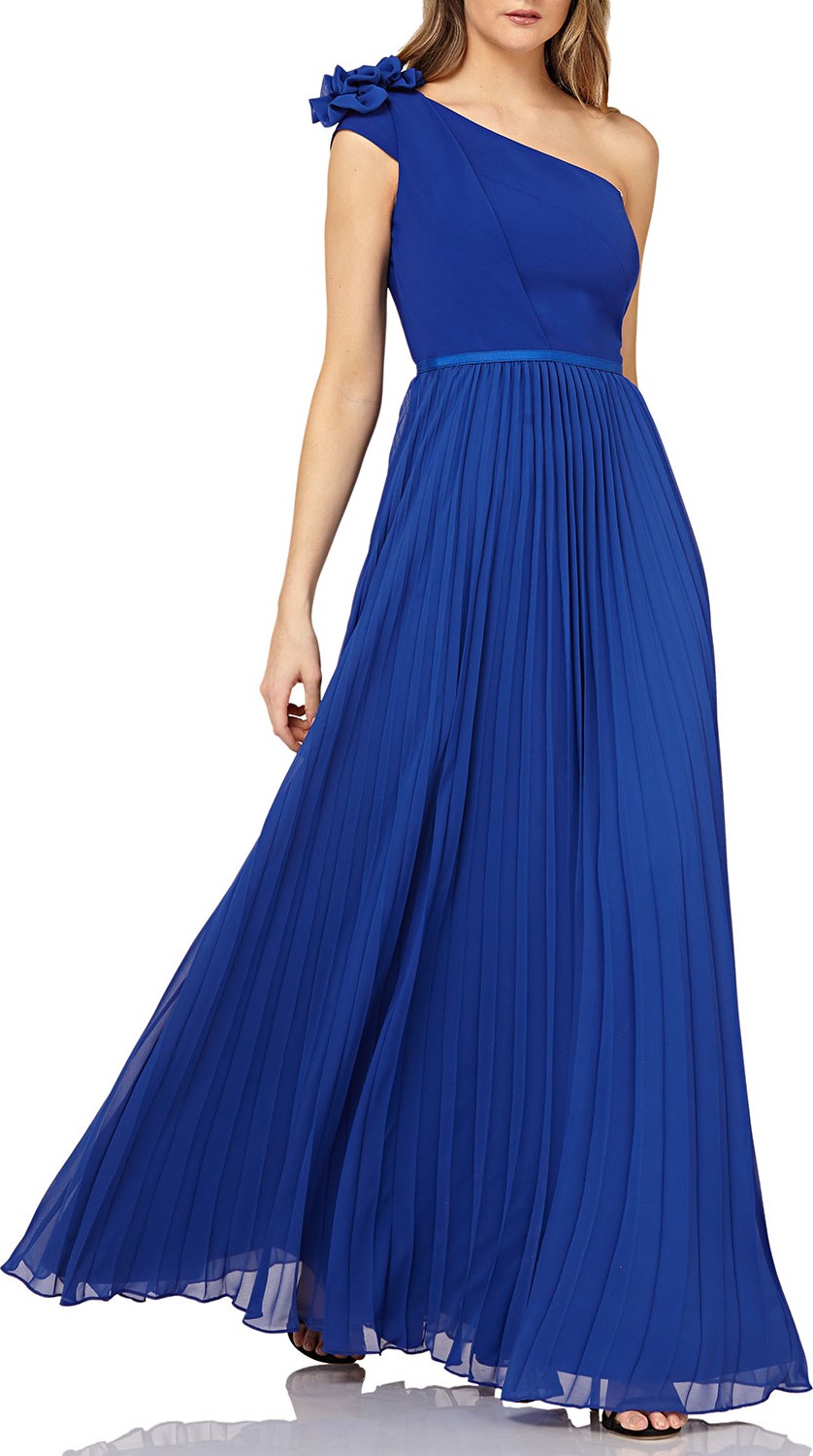 Kay Unger One-Shoulder Chiffon Gown w/ Pleated Skirt