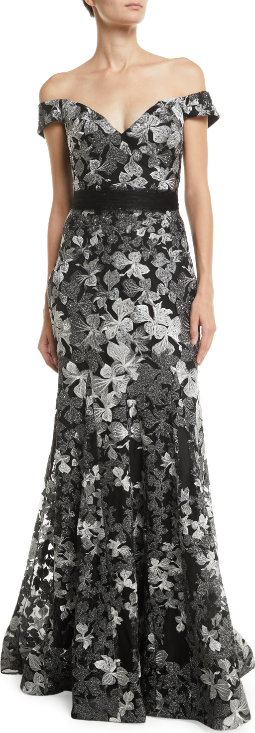 Jovani Off-Shoulder 3D Lace Gown w/ Removable Bow