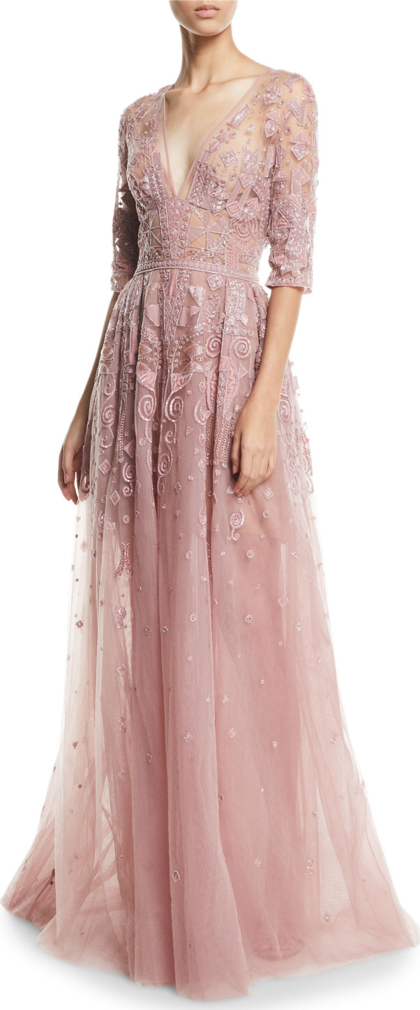 Zuhair Murad Kaleidoscope-Flair Tulle V-Neck Elbow-Sleeve Evening Gown