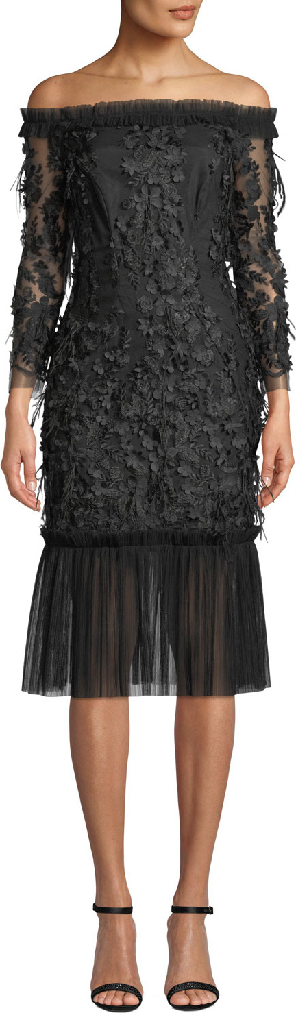 MILLY Off-the-Shoulder Embroidery & Feather Dress