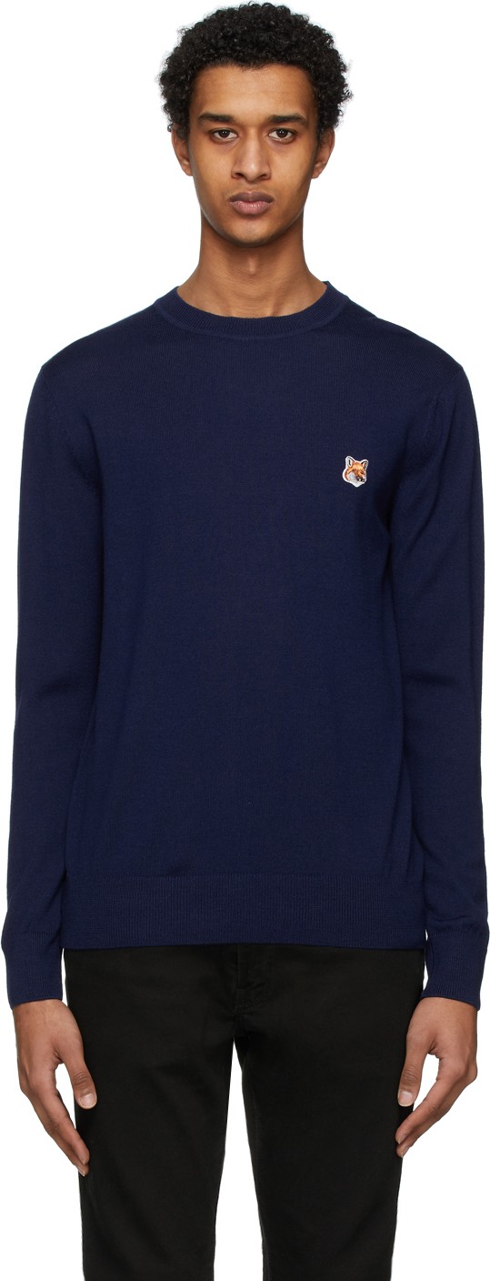 Maison Kitsune Navy Merino Fox Head Sweater