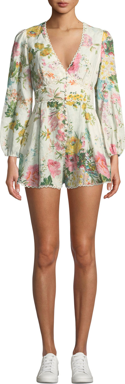 Zimmermann Heathers Plunging Floral Long-Sleeve Linen Romper
