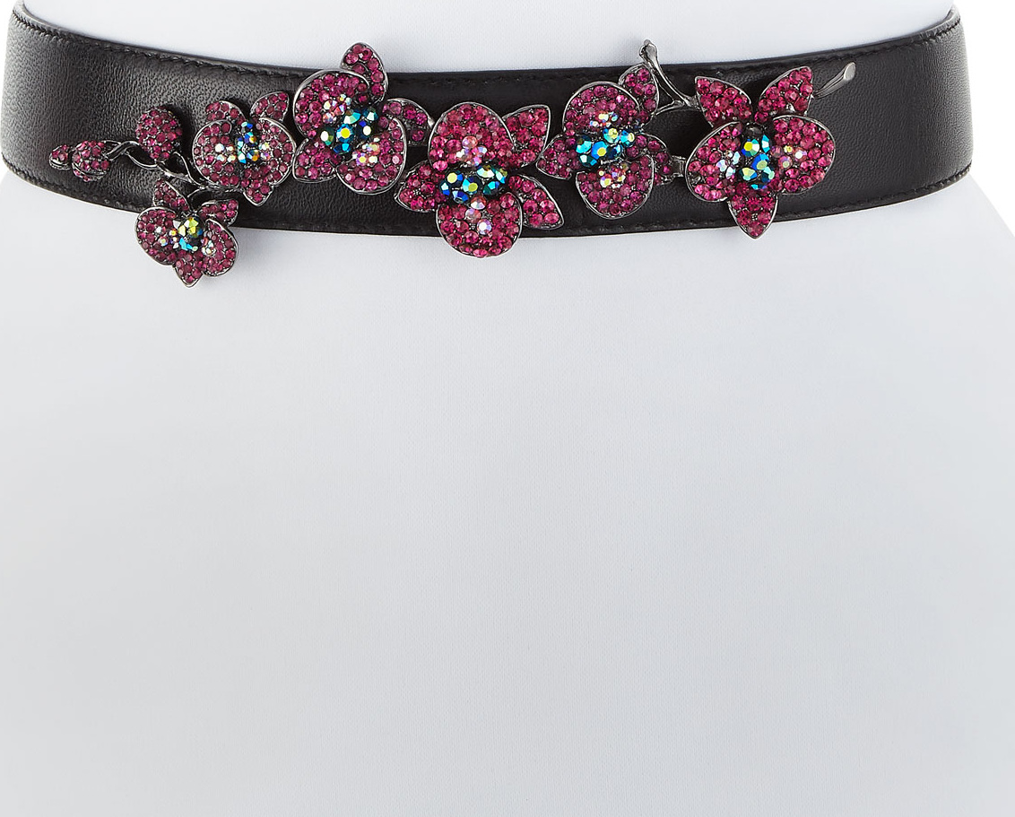 Deborah Drattell Elsa Leather Belt with Crystal Floral Motif