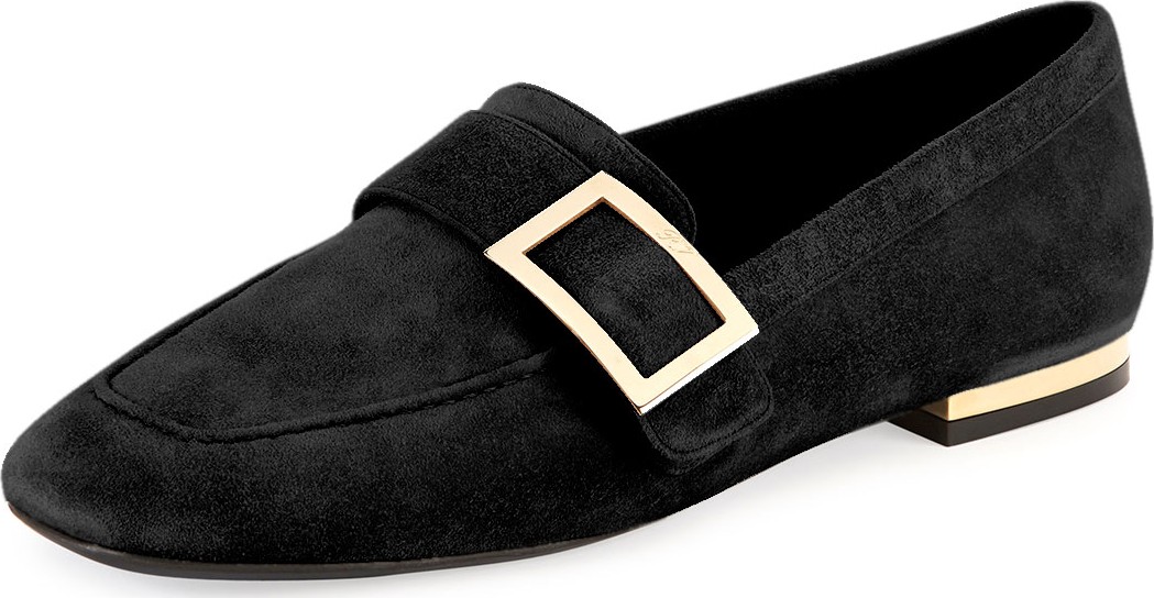 Roger Vivier Suede Metal-Buckle Loafer, Black